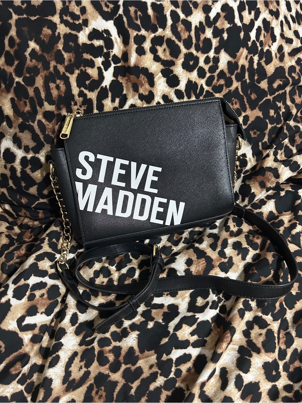 Steve Madden Black Logo Shoulder Bag with Gold Accents
